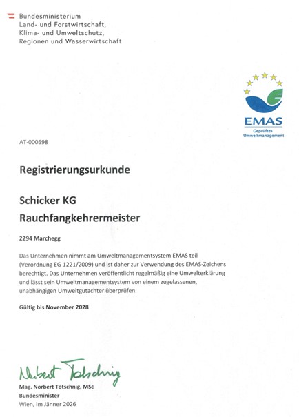 EMAS Registrierungsurkunde der Schicker KG, gültig bis 2028.